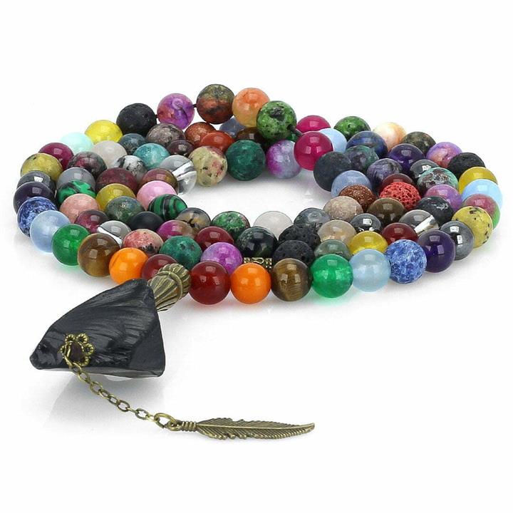 تسبیح و گردنبند لوکس احجار الشفا (سنگ درمانی) 43 نوع سنگ، هفت سنگ چاکرا، حدید محافظ هاله انرژی 101 دانه دستساز با شیخک تورمالین سیاه راف معدنی